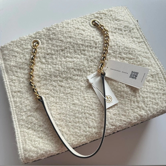 TORY BURCH ELLA LOGO CREAM BOUCLE TOTE BAG LEATHER/CHAIN HANDLE NWT $698 RARE - Picture 8 of 13